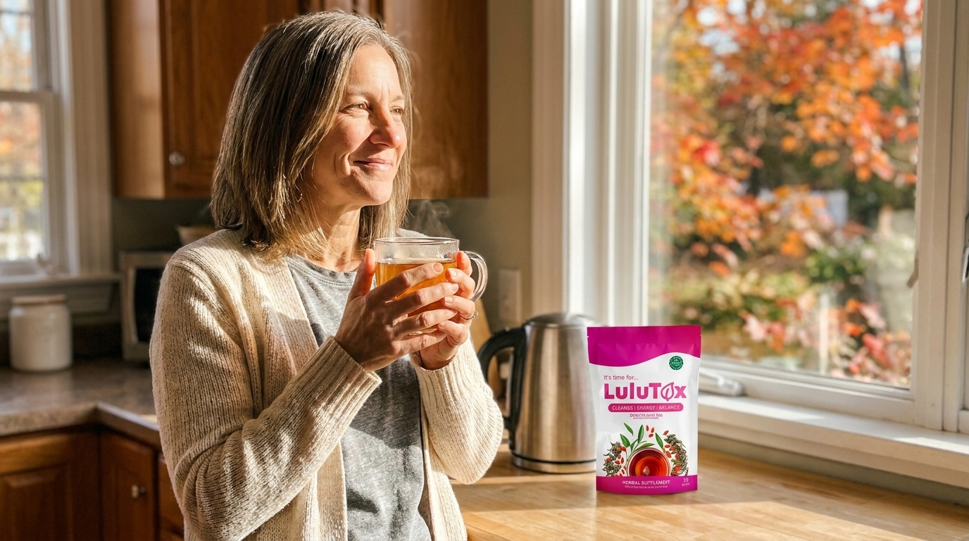The same woman smiles by a sunny kitchen window on an October morning, holding a cup of tea, a Lulutox pouch on the counter.