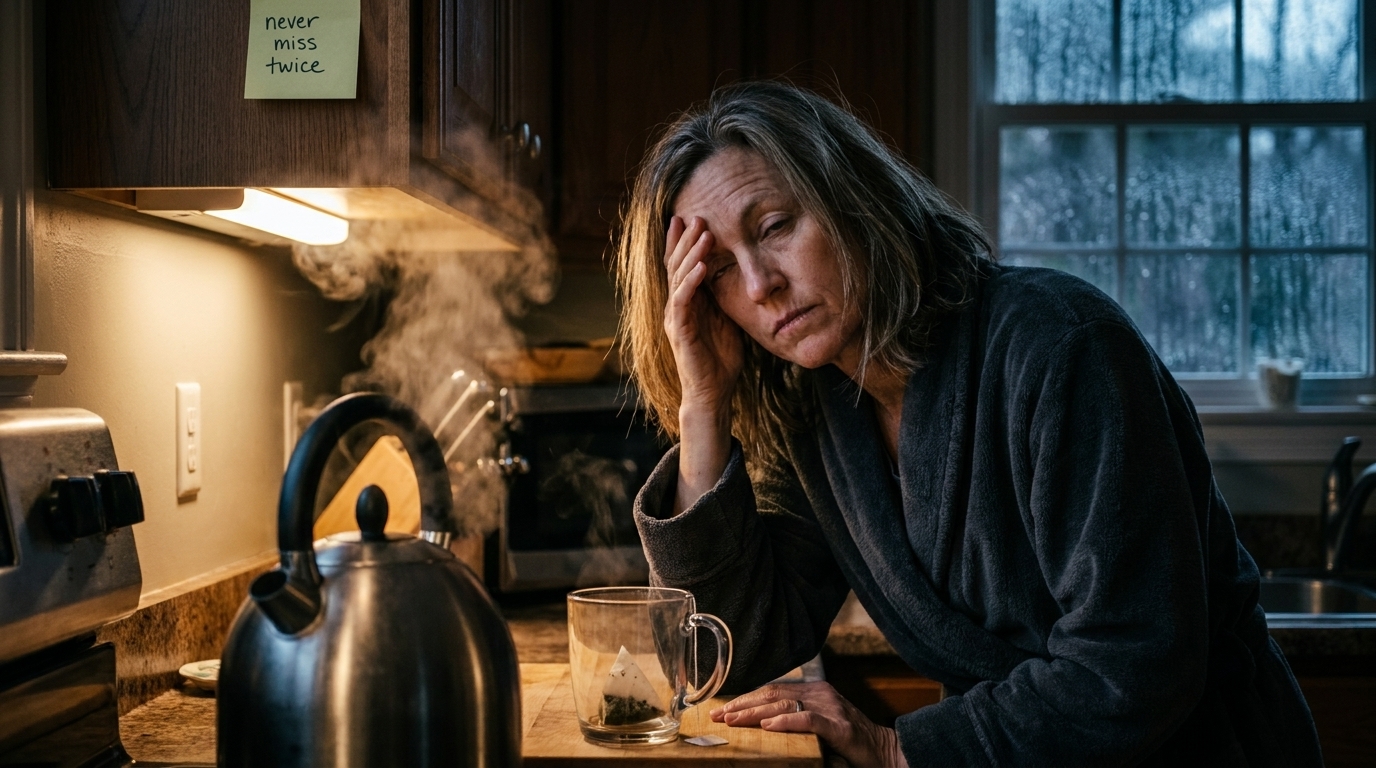 The same woman, tired in her bathrobe on a dark rainy November morning, waits for the kettle under a sticky note that says never miss twice.