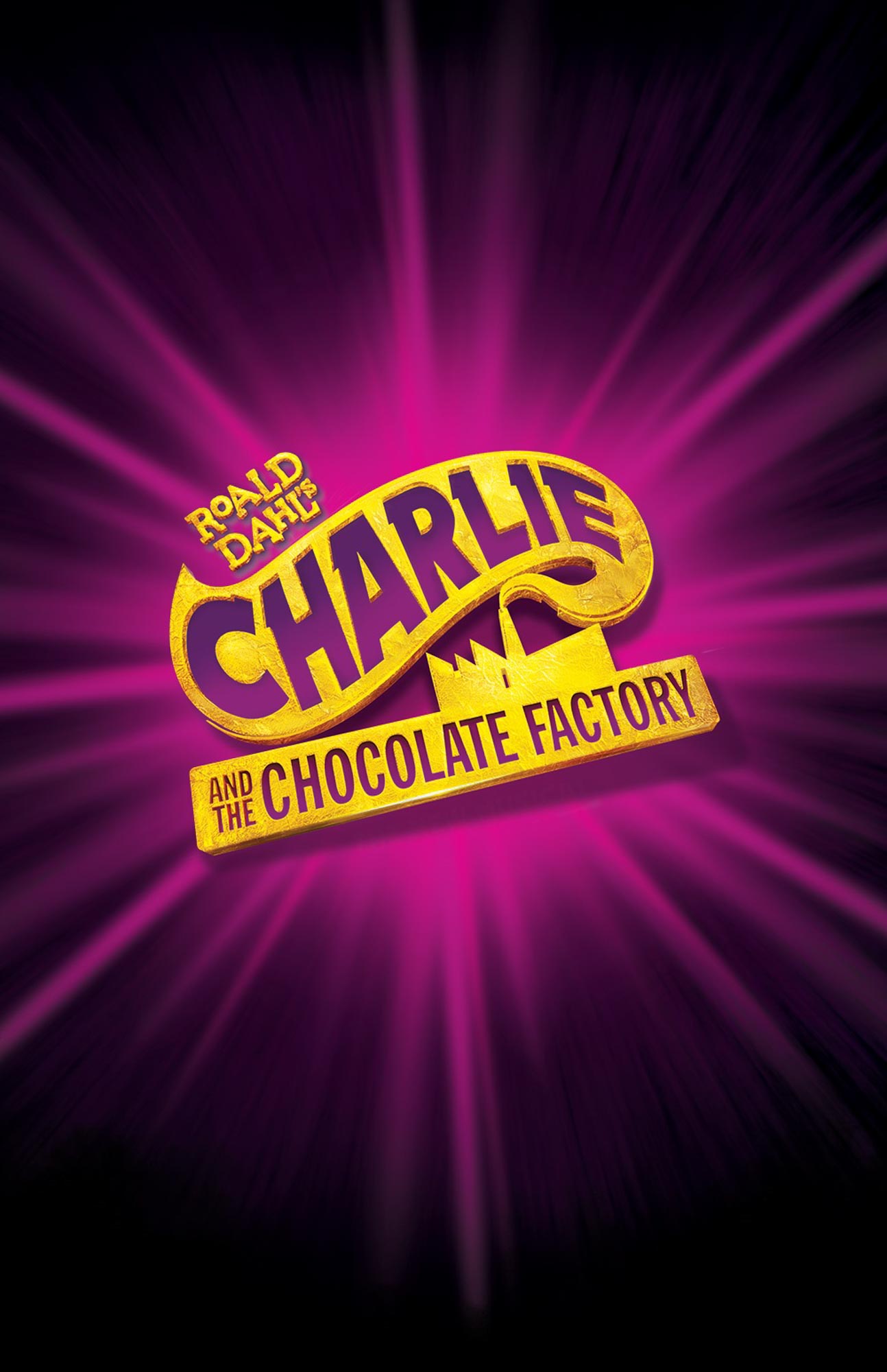 Logo for "Charlie and the Chocolate Factory" musical, with vibrant yellow text on a purple background.