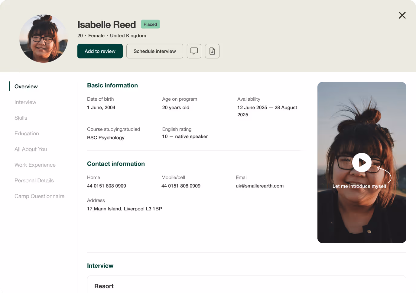 The profile interface of Resort Leaders application system