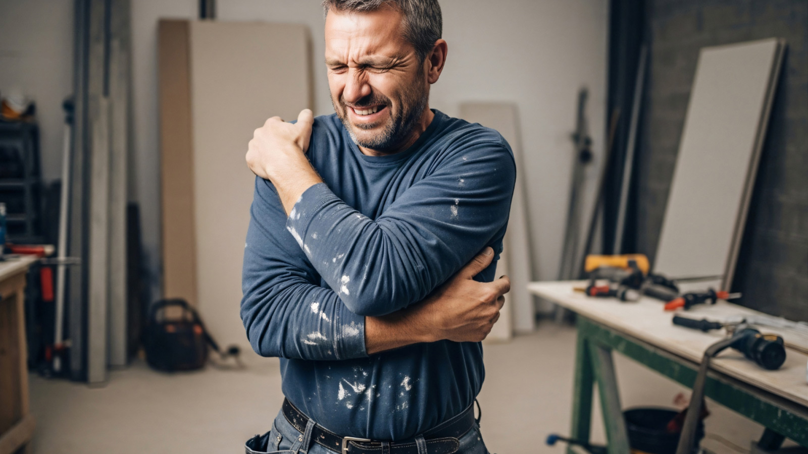 Person holding their shoulder in pain before physiotherapy treatment at Dan Rix Physiotherapy