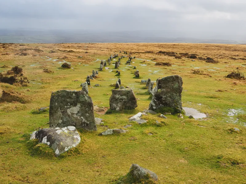 High up on Cosdon Hill multiple stone rows constructed in the Bronze age and known locally as The Graveyard