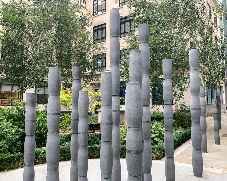 Memorial to Abolition of Slavery – granite sugar canes engraved with Lemn Sissay’s poem ‘Gift of Cain’.