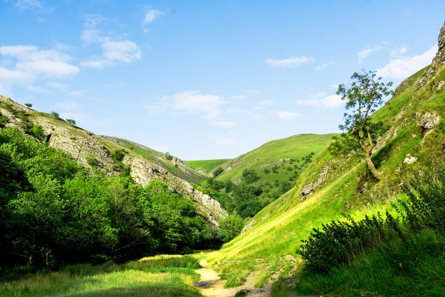 Hills near River Dove and Dovedale Stepping Stones.