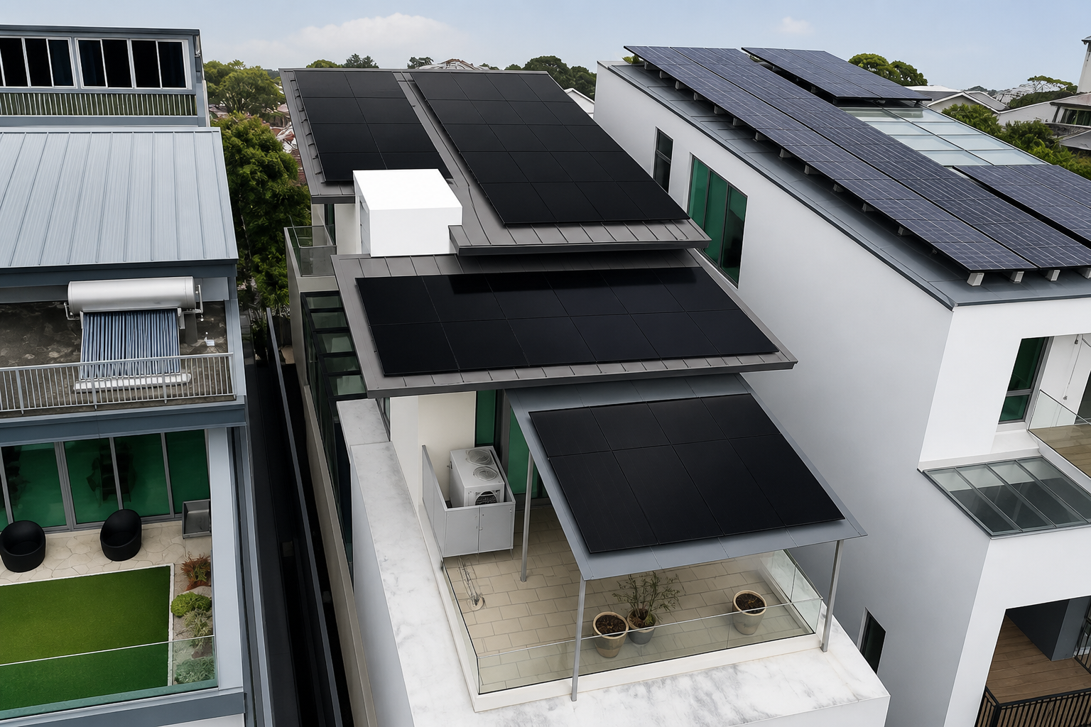 Aerial drone view of The Liow Family home with Sunollo solar panels in Serangoon Gardens
