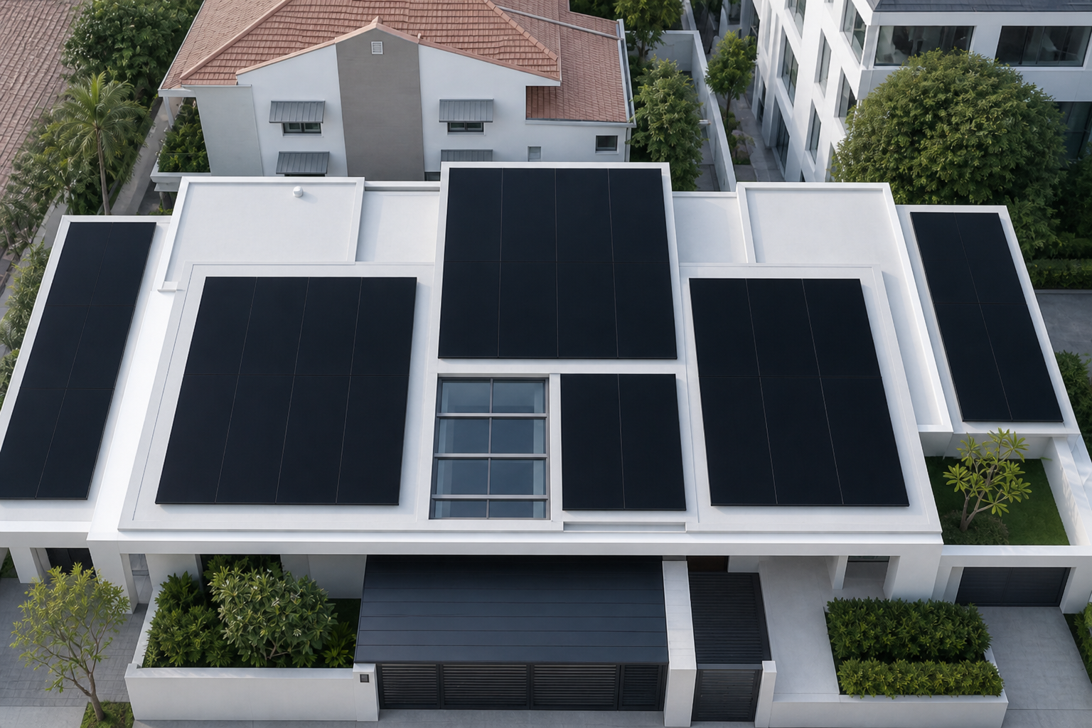 Aerial drone view of The Khanna Family home with Sunollo solar panels in Joo Chiat