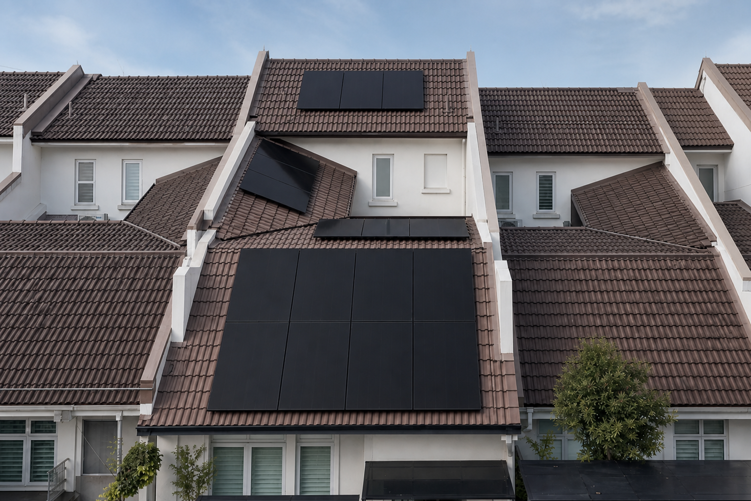 Aerial drone view of The Singgih Family home with Sunollo solar panels in Loyang