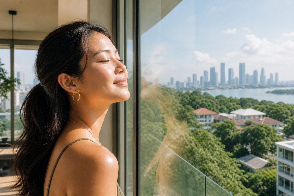 Singapore homeowner in sunlight overlooking the city — Sunollo solar