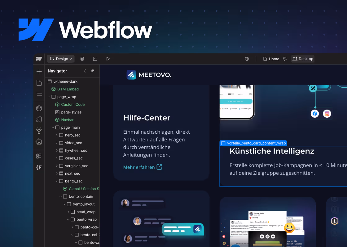 Screenshot Webflow CMS Editor – Umsetzung der MEETOVO SaaS Website mit modularen Sektionen und skalierbarer Struktur