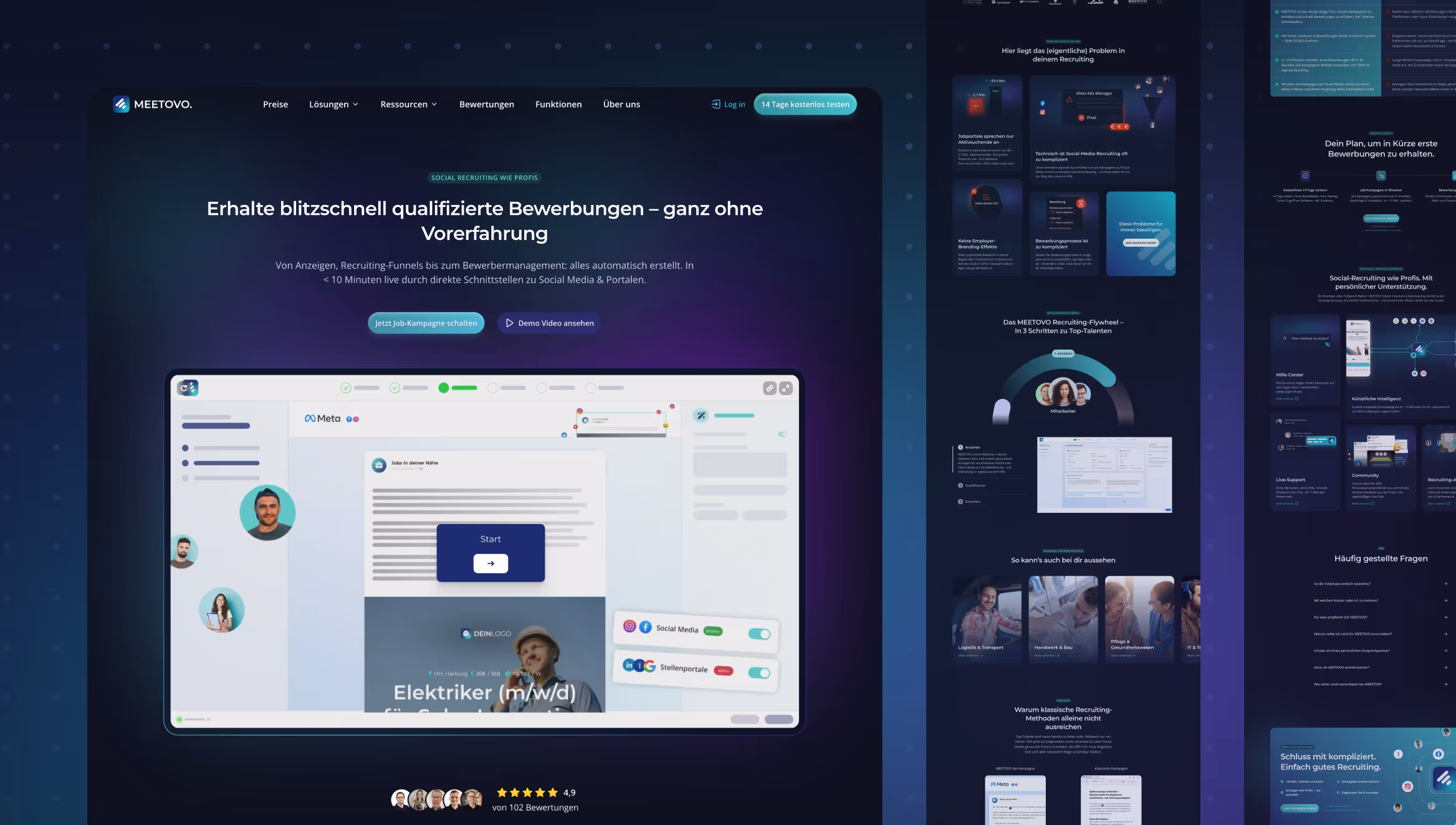 Screenshot der MEETOVO SaaS Website Startseite – Recruiting Software mit Funnel-Builder, Social Recruiting und Bewerbermanagement