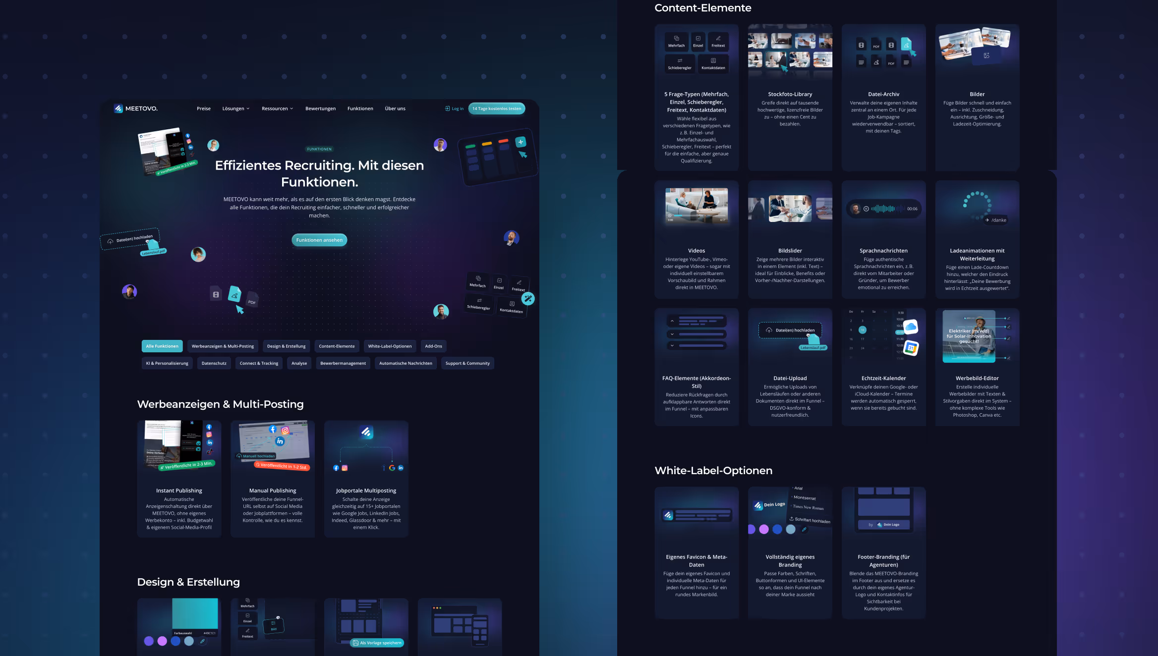 MEETOVO Funktionsübersicht – SaaS Recruiting Software mit Content-Elementen, White-Label-Optionen, Multi-Posting und interaktiven Tools für effizientes Recruiting