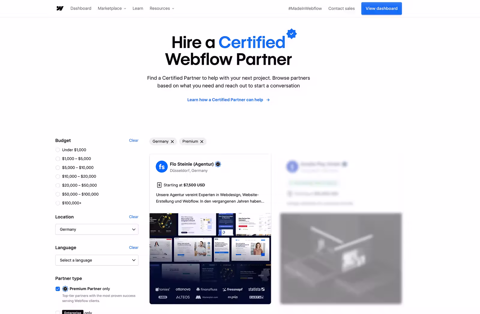 Webflow Experts Directory mit Filter auf Premium Partner in Deutschland und Listung von Flo Steinle Agentur