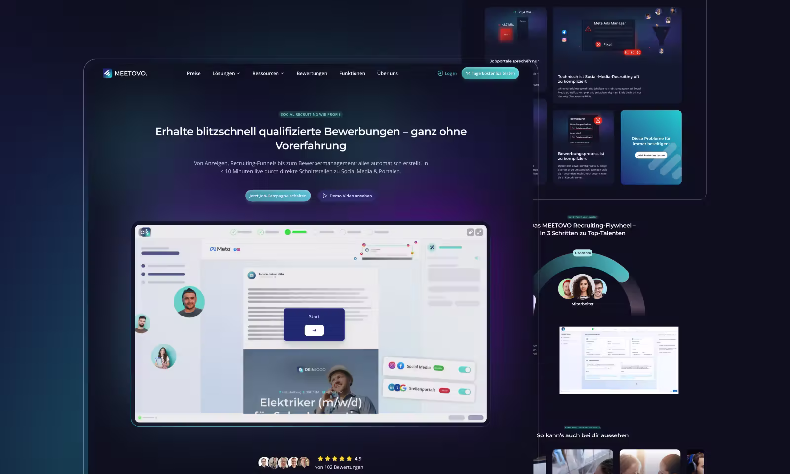Screenshot der Startseite von MEETOVO, eines SaaS für Recruiting Kampagnen. Zu sehen ist ein moderner Website-Hero mit Headline, Call-to-Actions und einer UI-Vorschau des Bewerbungsprozesses. Die Seite hat ein dunkles Farbschema mit futuristischen Highlights.