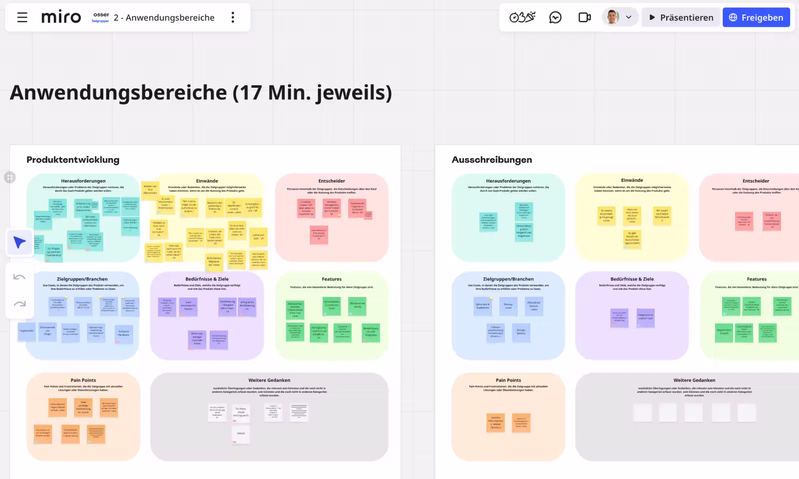 Screenshot eines Miro-Boards aus einem Workshop mit farblich codierten Sticky Notes zu verschiedenen Anwendungsbereichen wie Produktentwicklung und Ausschreibungen. Zu sehen sind Felder wie Herausforderungen, Einwände, Entscheider, Zielgruppen, Pain Points und weitere Gedanken.