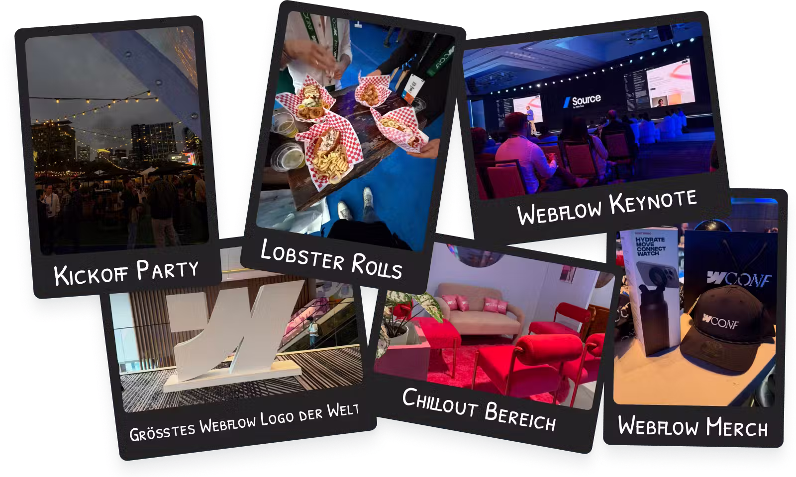 Impressionen von der Webflow Conf 2026 in Boston mit Kickoff Party, Lobster Rolls, Webflow Keynote, Conference-Bereich und Webflow Merch