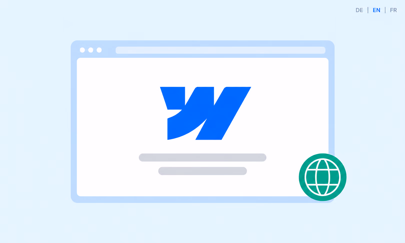Mehrsprachige Webflow-Website mit Webflow-Icon, Globus und Sprachwahl für Deutsch, Englisch und Französisch.