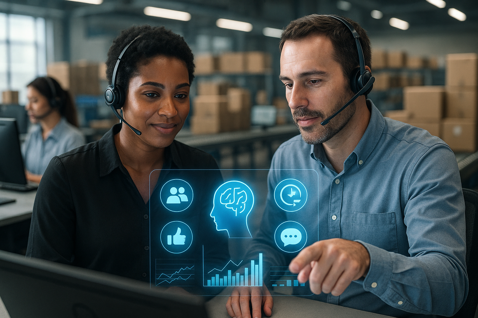 Deux employés qui discutent d'une IA e commerce