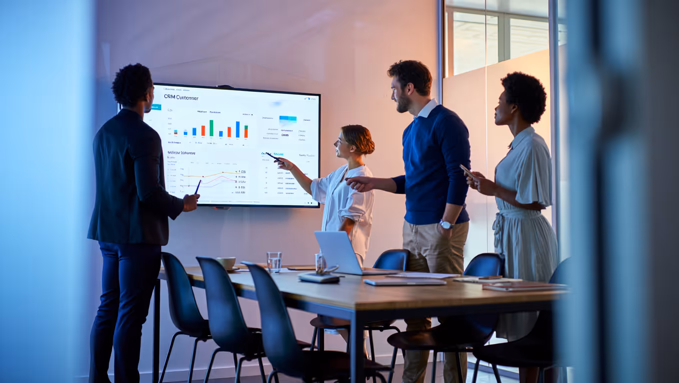 intelligence artificielle relation client - équipe analysant données clients en salle de réunion