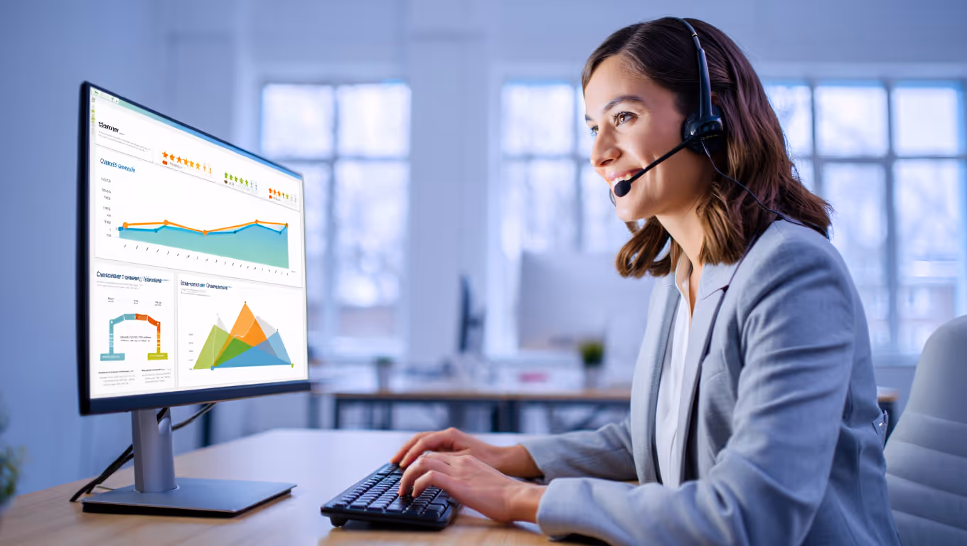 satisfaction client exemple - conseillère service client analysant un dashboard NPS et CSAT
