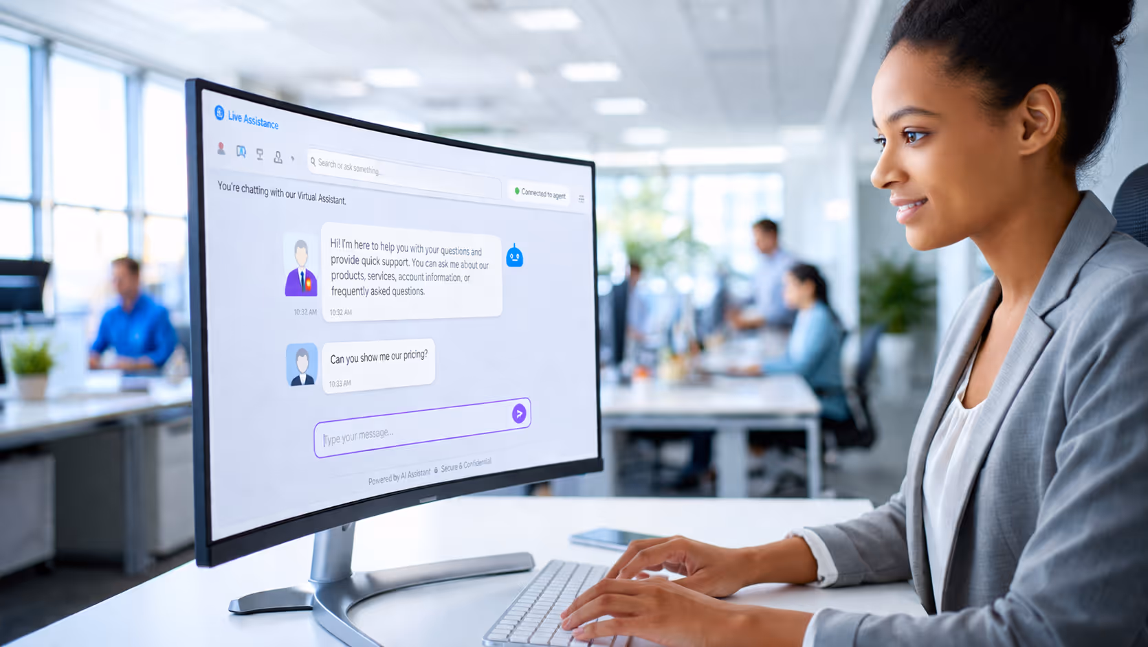 Employé interrogeant un chatbot LLM sur son ordinateur en open space