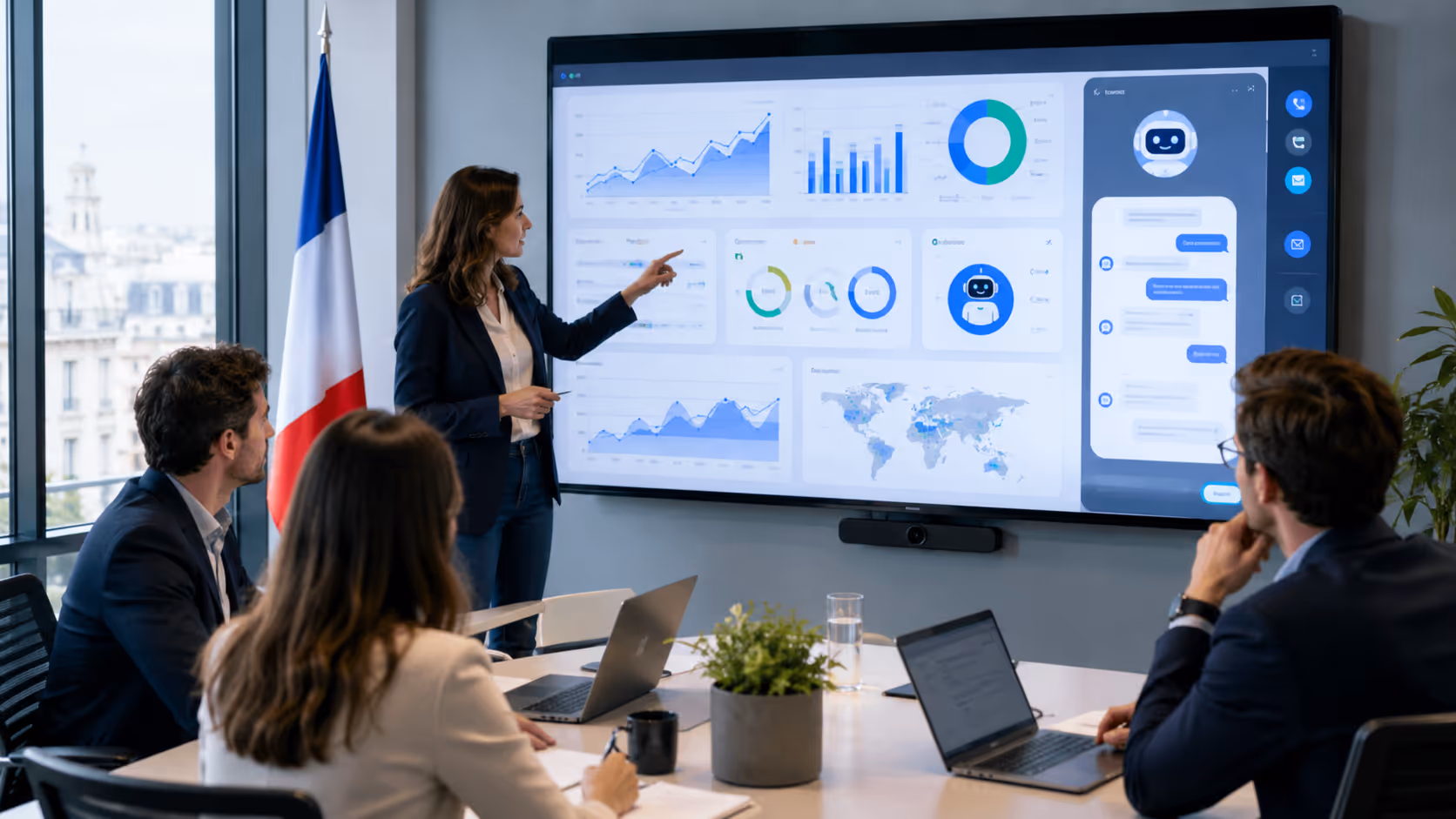 Équipe analysant les performances d’un chatbot francais en réunion.