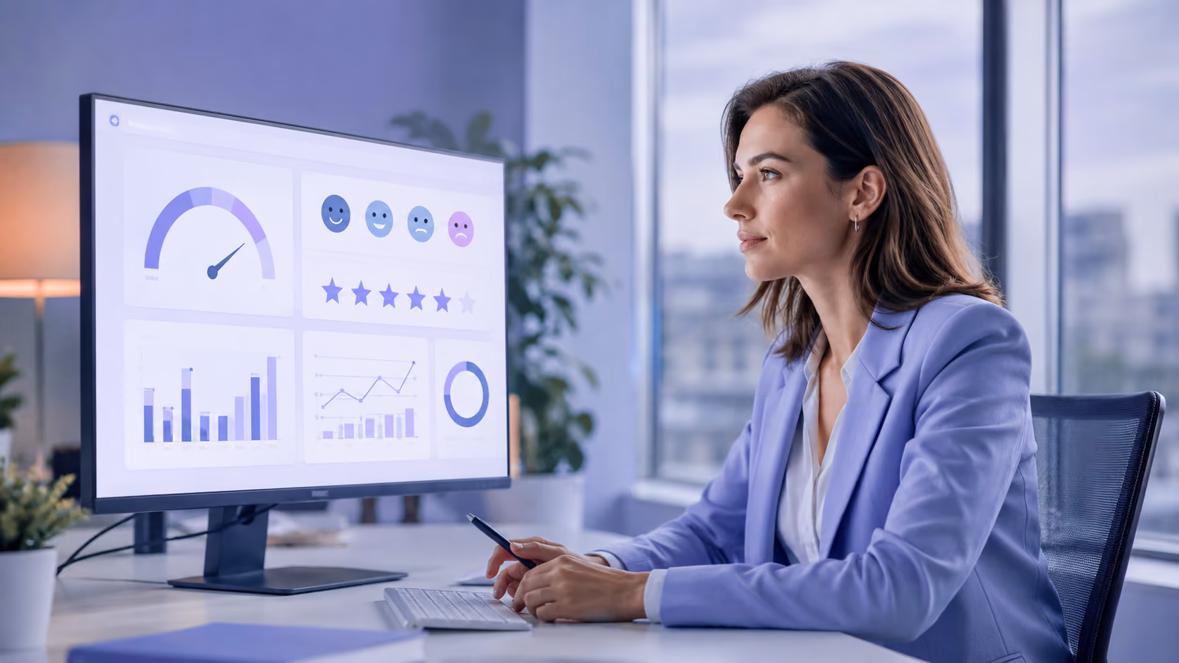 exemple questionnaire satisfaction client B2B - responsable analysant un tableau de bord de satisfaction