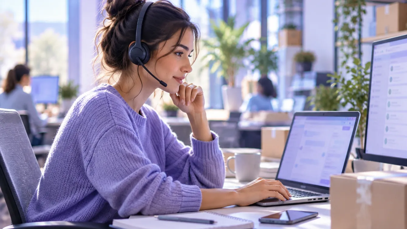 relation client chatgpt - conseillère qui cherche une commande client sur deux écrans
