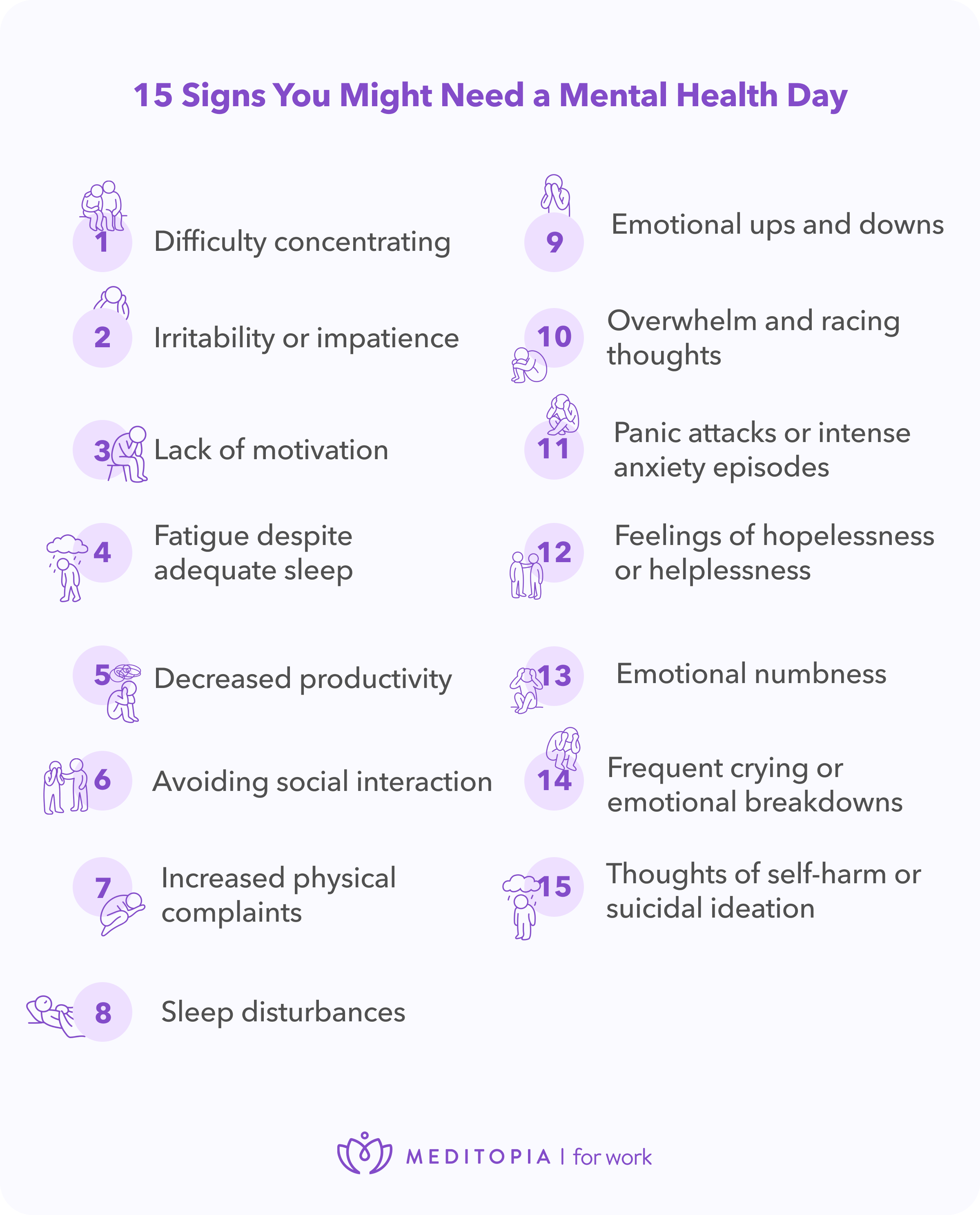 15 Signs You Might Need a Mental Health Day, including: difficulty concentrating, irritability, emotional ups and down, etc