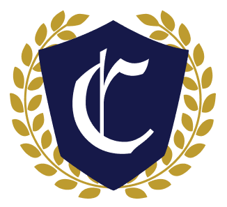 Shield emblem with a stylized white letter C on a dark blue background, surrounded by a golden laurel wreath.
