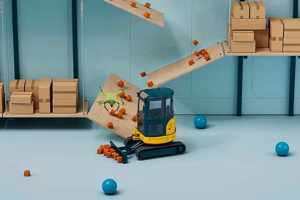 Kreative 3D-Animation mit Mini-Bagger, fallenden Paketen und verspielter Lagerkulisse. Ideal für Produktvideo, Werbefilm oder Markenfilm zur Visualisierung innovativer Logistik- und Automationslösungen mit humorvollem Stil.