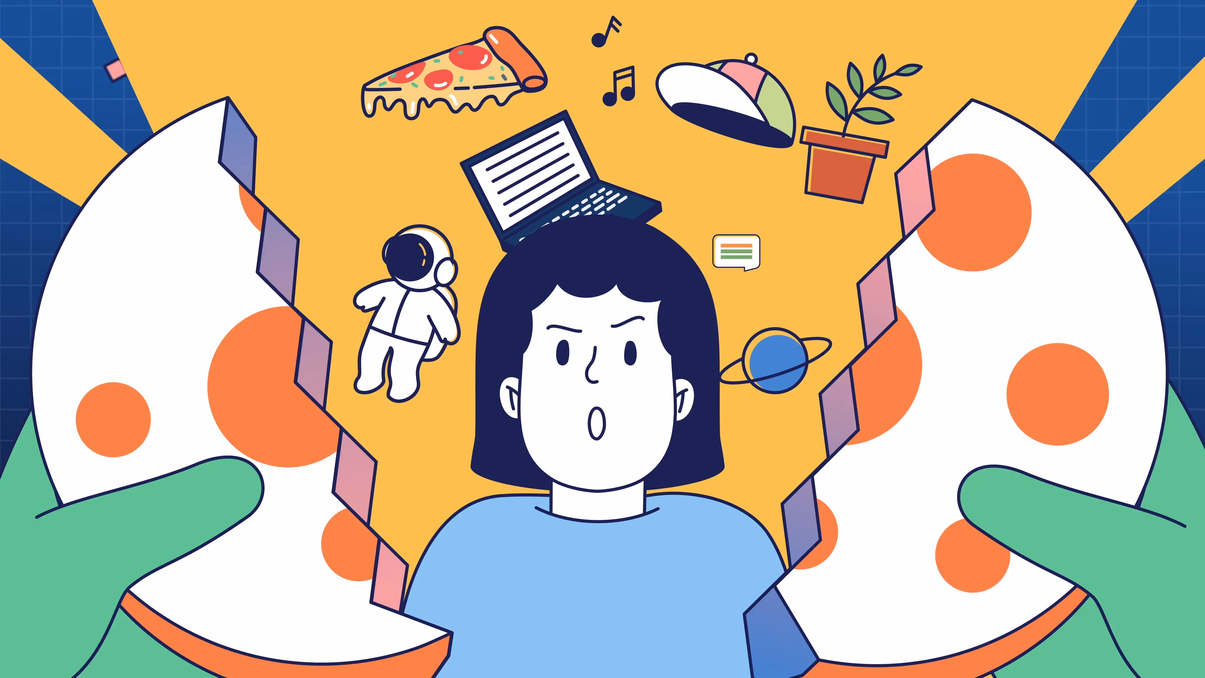 Bunte Illustration einer Frau mit Symbolen wie Pizza, Laptop, Astronaut, Musiknoten und Pflanzen – Darstellung von Kreativität und Ideenvielfalt.