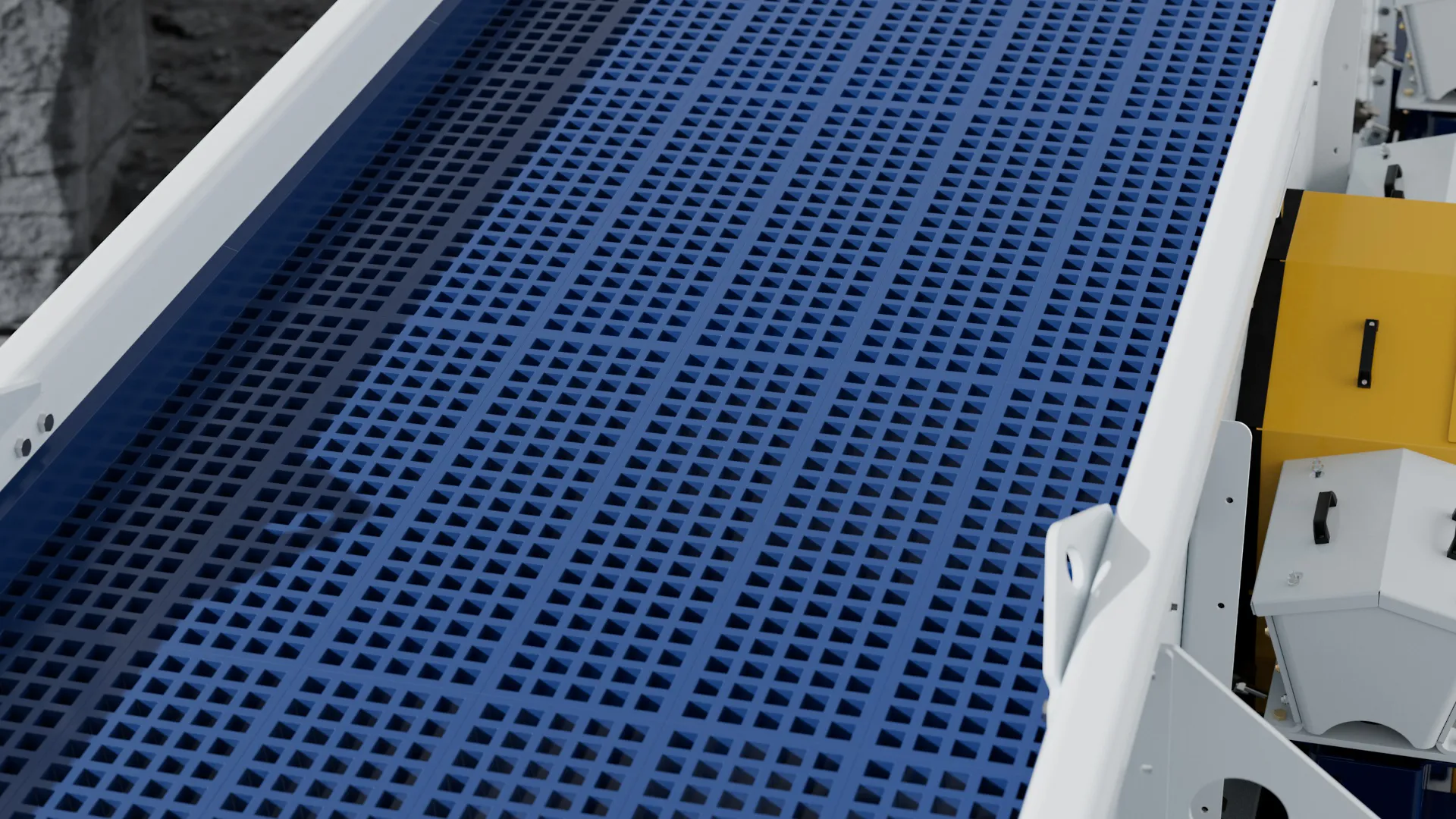 3D Animation und 3D Rendering eines Industrie-Förderbands mit blauer Gitterfläche, weißen Rahmen und gelb-grauen Maschinenteilen – technische 3D Animation für Produktvideo, Industrie-Produktvideo und Werbefilm von CHEESE Productions.