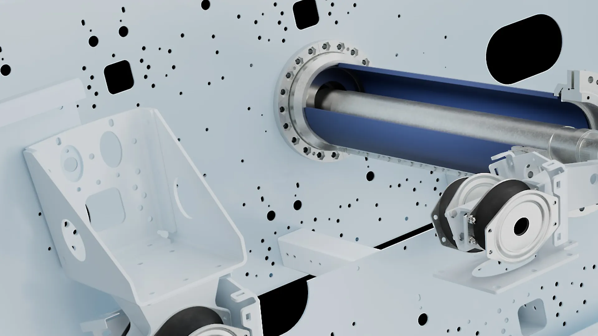 3D Animation und 3D Rendering einer industriellen Maschinenstruktur mit hellblauer Lochplatte, Zylinderstange und Rädern – technische 3D Animation für Produktvideo, Industrie-Produktvideo und Werbefilm von CHEESE Productions.