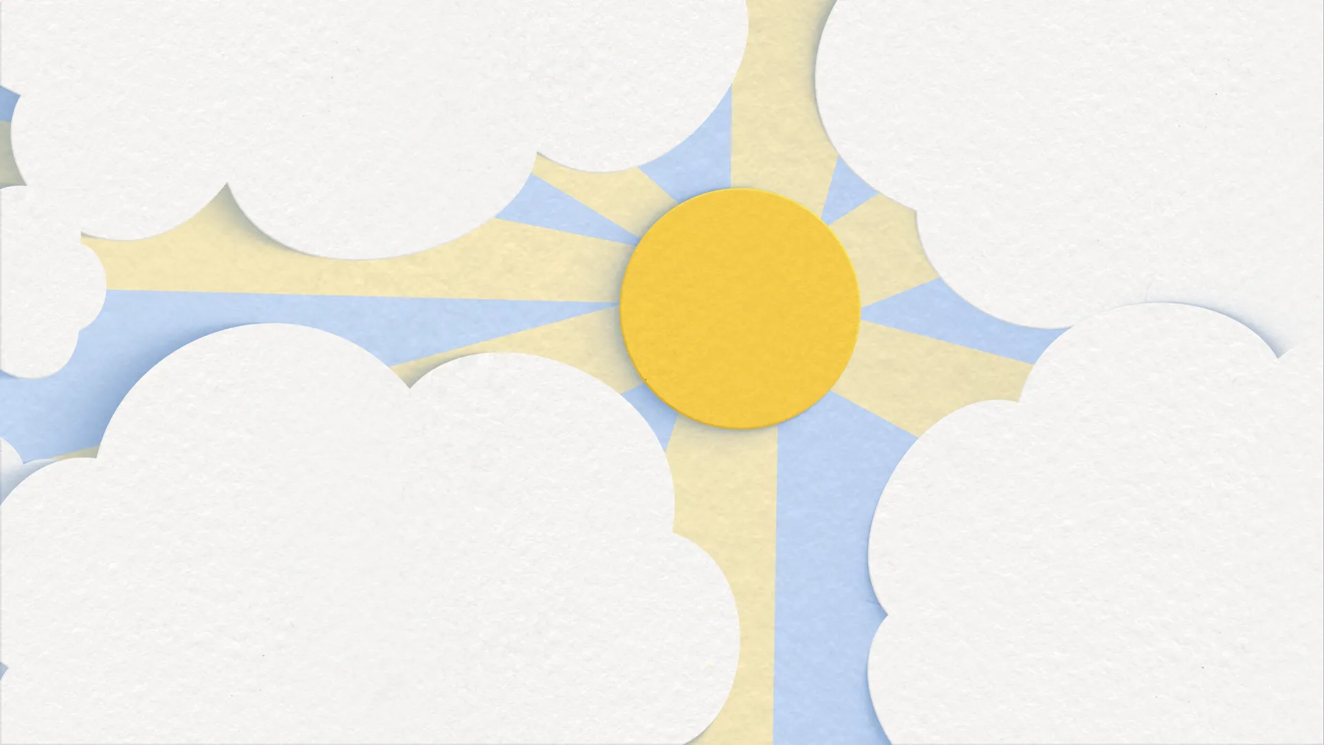 2D-Illustration einer gelben Sonne, die hinter weißen Wolken hervorscheint, mit Strahlen auf blauem Himmel.