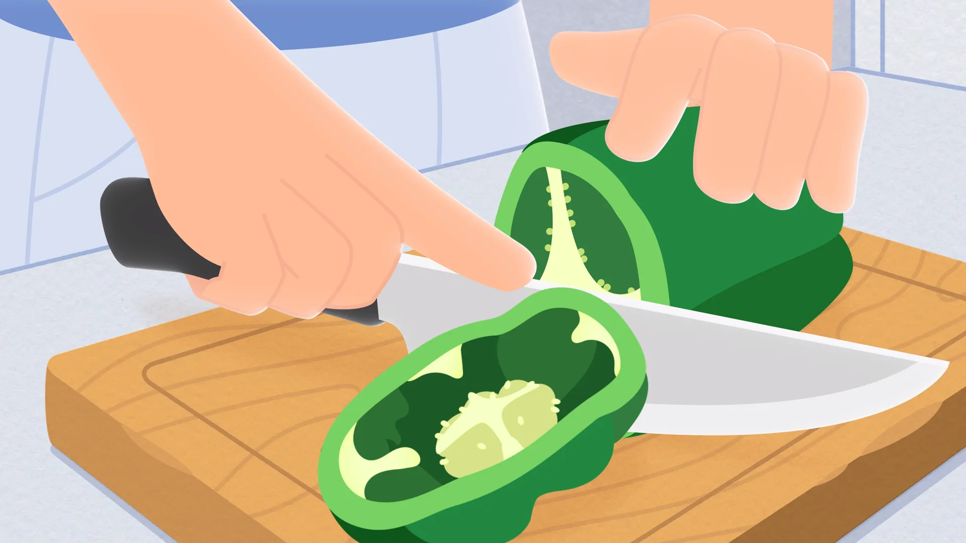 2D-Illustration einer Nahaufnahme, in der eine Hand mit einem Messer eine grüne Paprika auf einem Holzbrett halbiert.