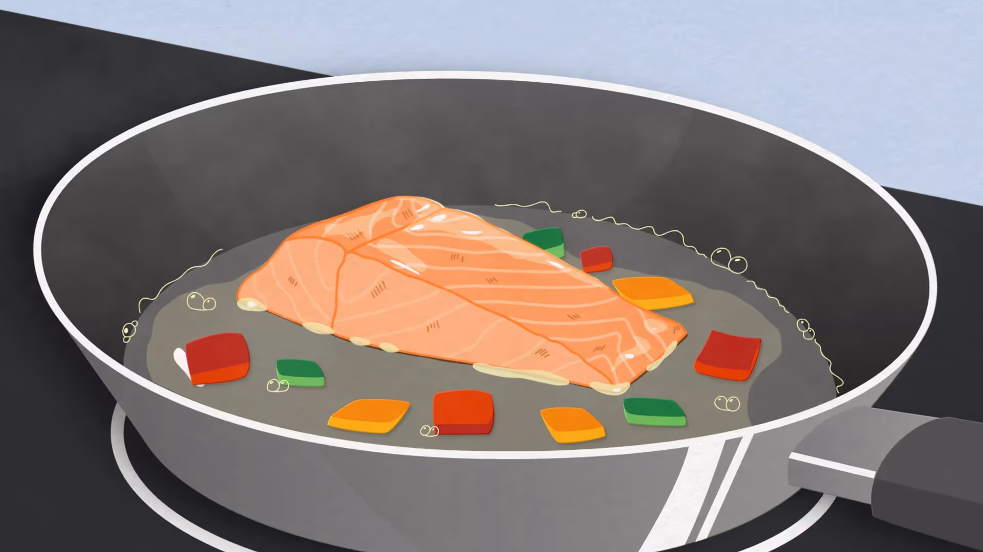 2D-Illustration einer Pfanne auf dem Herd mit einem Stück Lachs und buntem Gemüse, das in Öl brät.