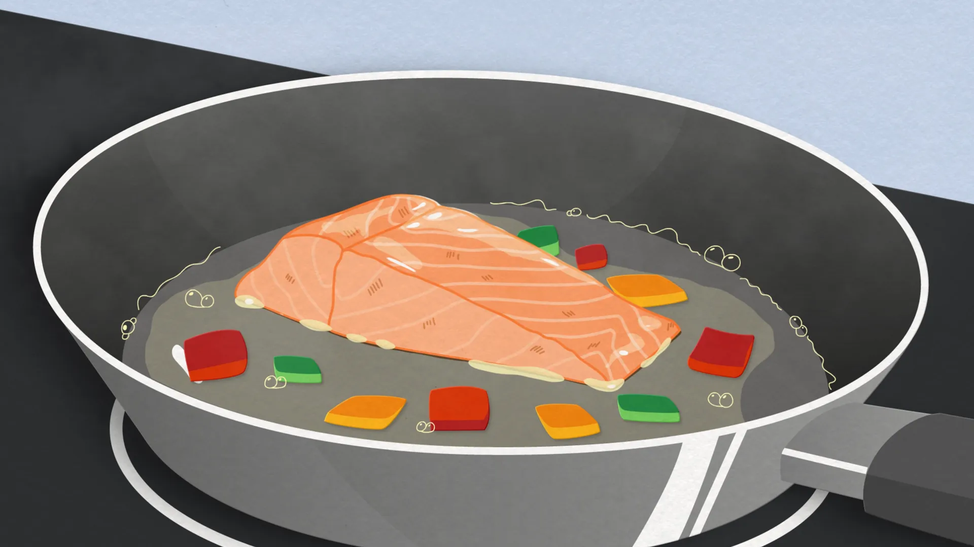 2D-Illustration einer Pfanne auf dem Herd mit einem Stück Lachs und buntem Gemüse, das in Öl brät.
