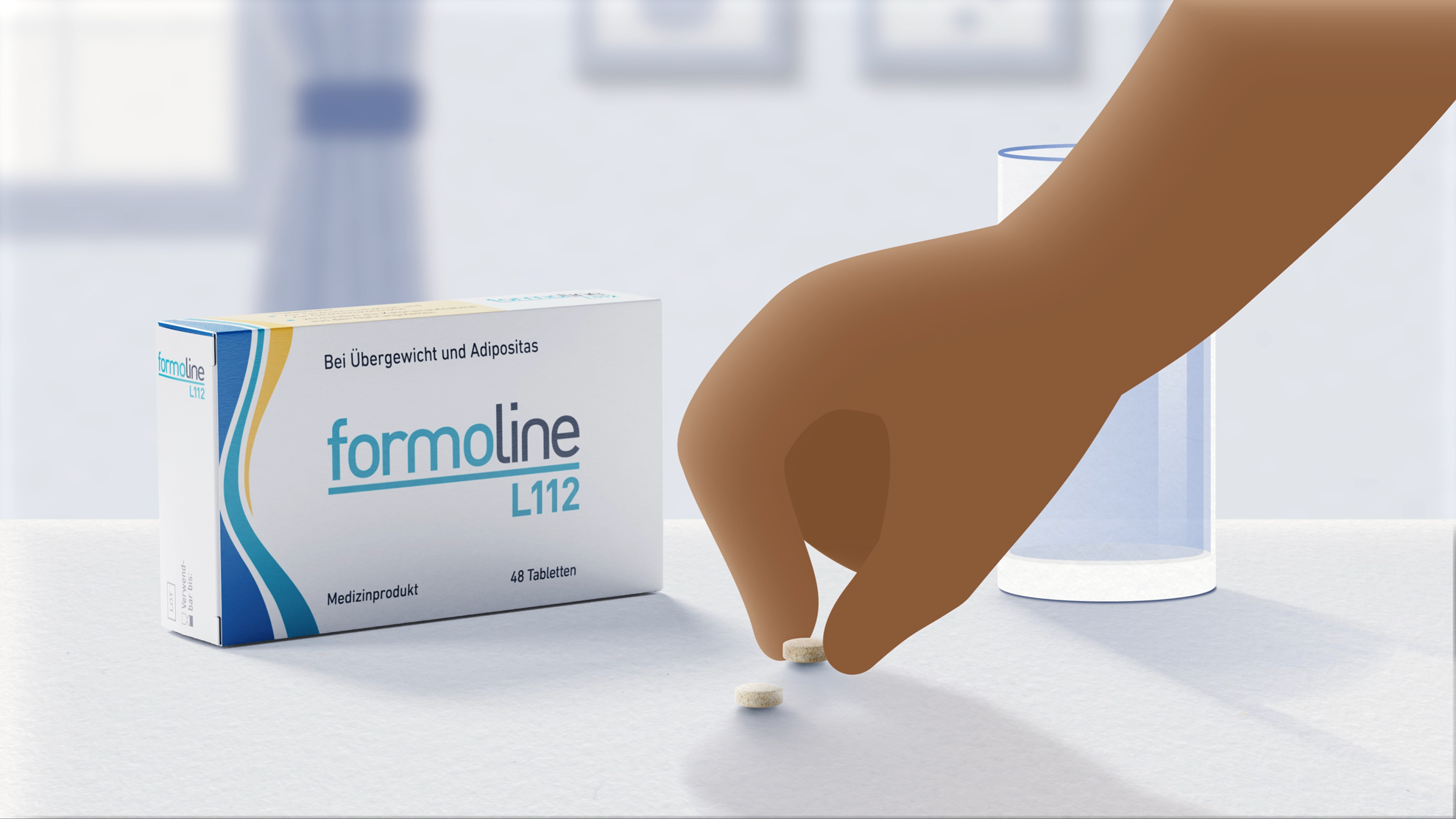2D-Illustration einer Hand, die zwei Tabletten neben einer Formoline L112 Packung aufhebt, mit einem Wasserglas im Hintergrund.