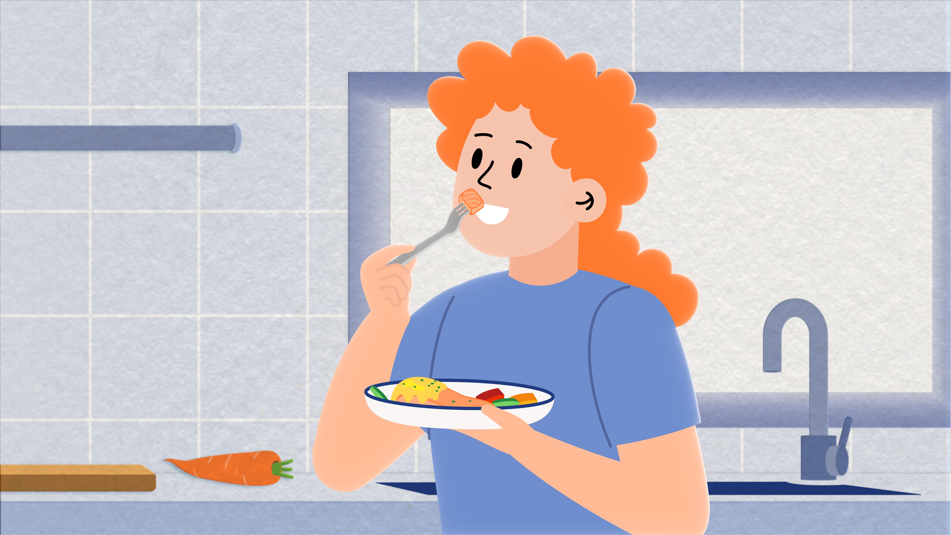 2D-Illustration einer Person mit lockigen orangefarbenen Haaren, die in einer Küche steht, ein Teller mit Fisch und Gemüse in der Hand hält und mit einer Gabel einen Bissen isst.