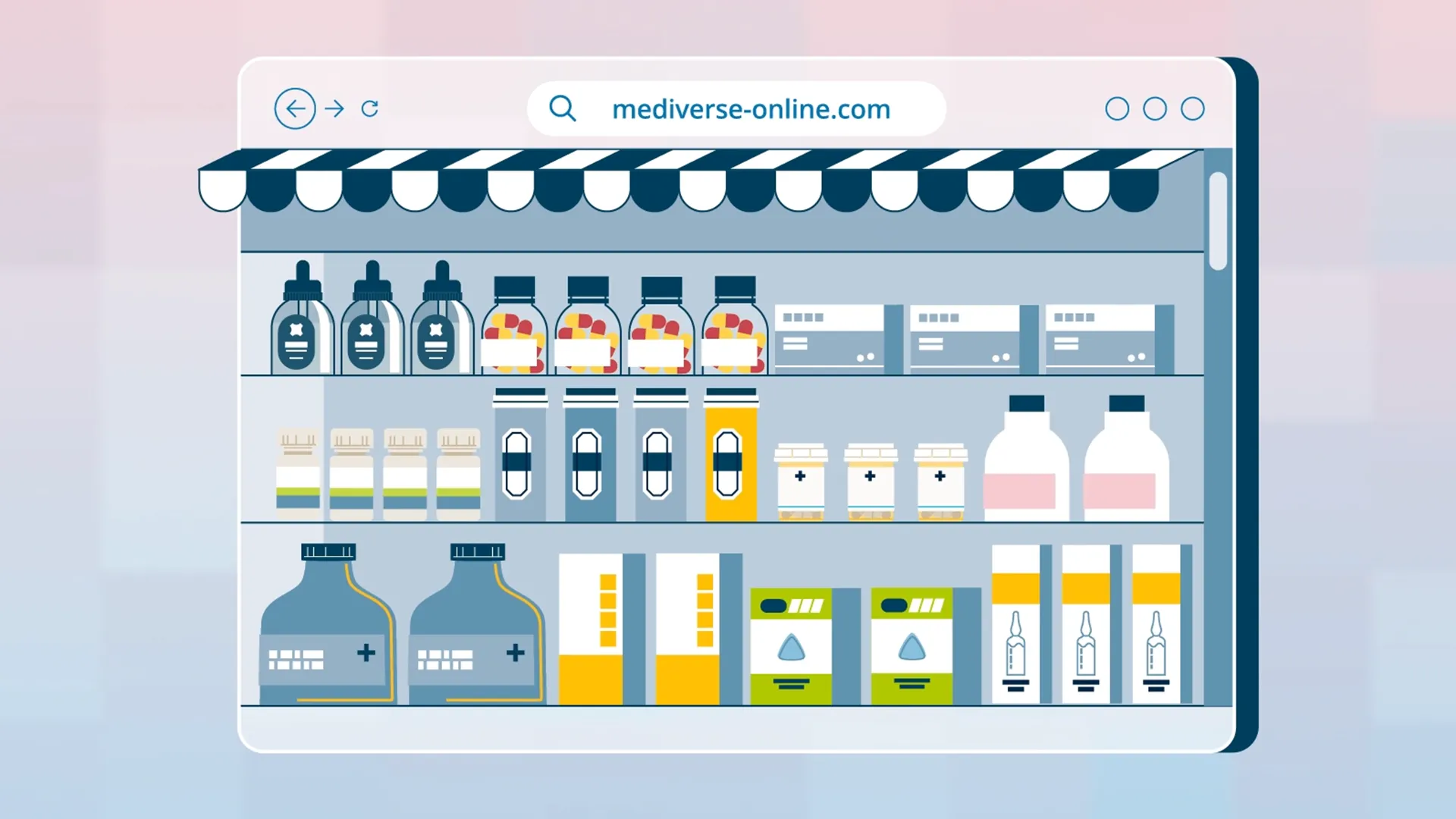 Online-Apotheke mit Medikamenten im Regal, digitale Plattform für pharmazeutische Produkte.