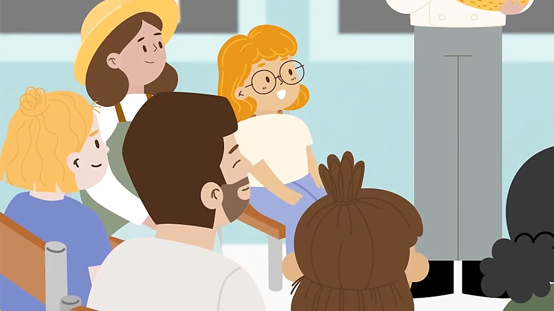 Cartoon-Illustration von Kindern und Lehrern in einem Klassenzimmer, gemeinsam sitzend und interaktiv dargestellt.