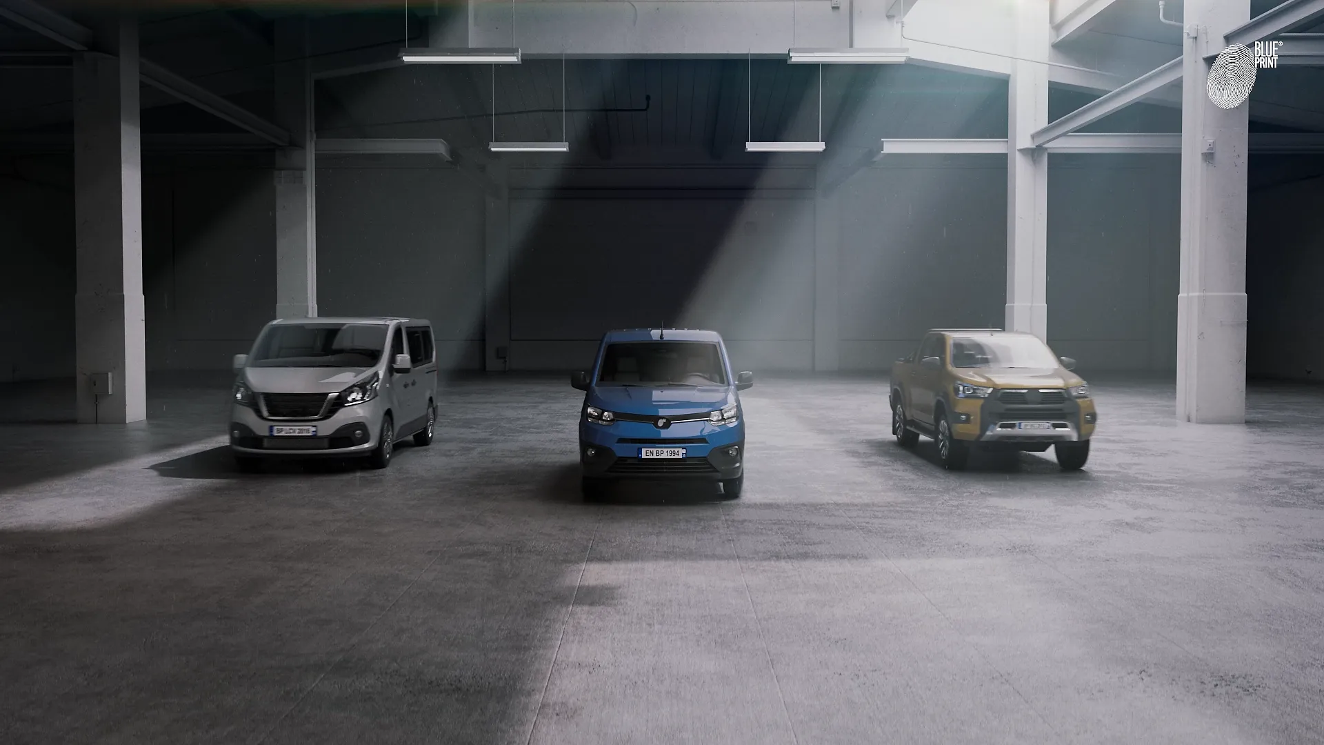 Dynamische 3D-Animation mit drei Fahrzeugen – Van, Transporter und Pickup – in einer modernen Halle. Szene aus einem hochwertigen Produktvideo oder Werbefilm, der innovative Fahrzeugtechnik und Markenpräsenz visuell inszeniert.