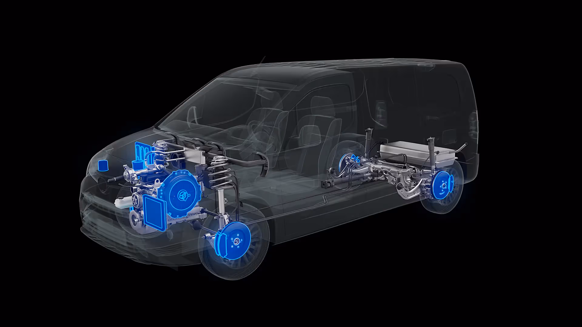 Hochwertige 3D-Animation zeigt transparentes Fahrzeug mit sichtbarer Antriebseinheit, Batterie und Bremsanlage. Szene aus einem technischen Produktvideo oder Werbefilm zur Visualisierung moderner Fahrzeugtechnik und Elektromobilität.