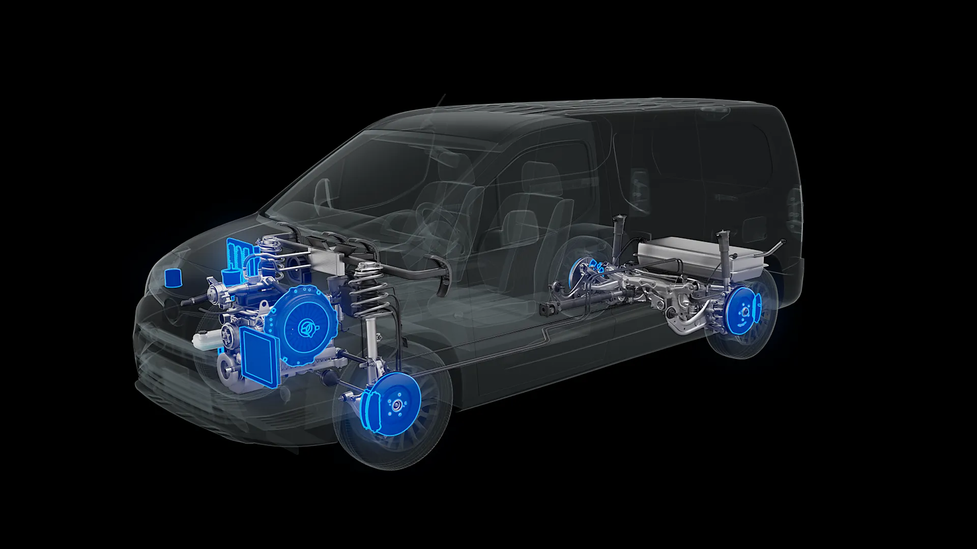 Hochwertige 3D-Animation zeigt transparentes Fahrzeug mit sichtbarer Antriebseinheit, Batterie und Bremsanlage. Szene aus einem technischen Produktvideo oder Werbefilm zur Visualisierung moderner Fahrzeugtechnik und Elektromobilität.