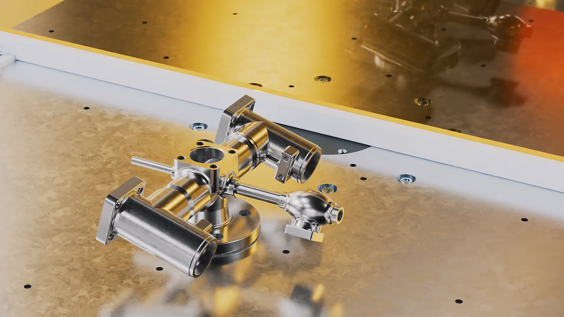 Detailreiche 3D Animation eines metallischen Maschinenbauteils – Szene aus einem Produktvideo oder Werbefilm, die Präzision, technische Innovation und industrielle Fertigung auf modernem Niveau visuell eindrucksvoll inszeniert.