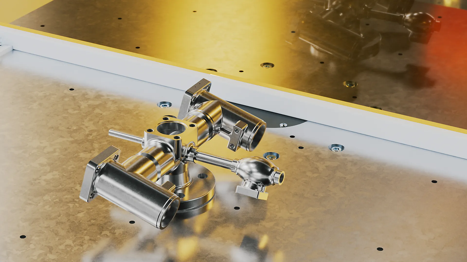 Detailreiche 3D Animation eines metallischen Maschinenbauteils – Szene aus einem Produktvideo oder Werbefilm, die Präzision, technische Innovation und industrielle Fertigung auf modernem Niveau visuell eindrucksvoll inszeniert.