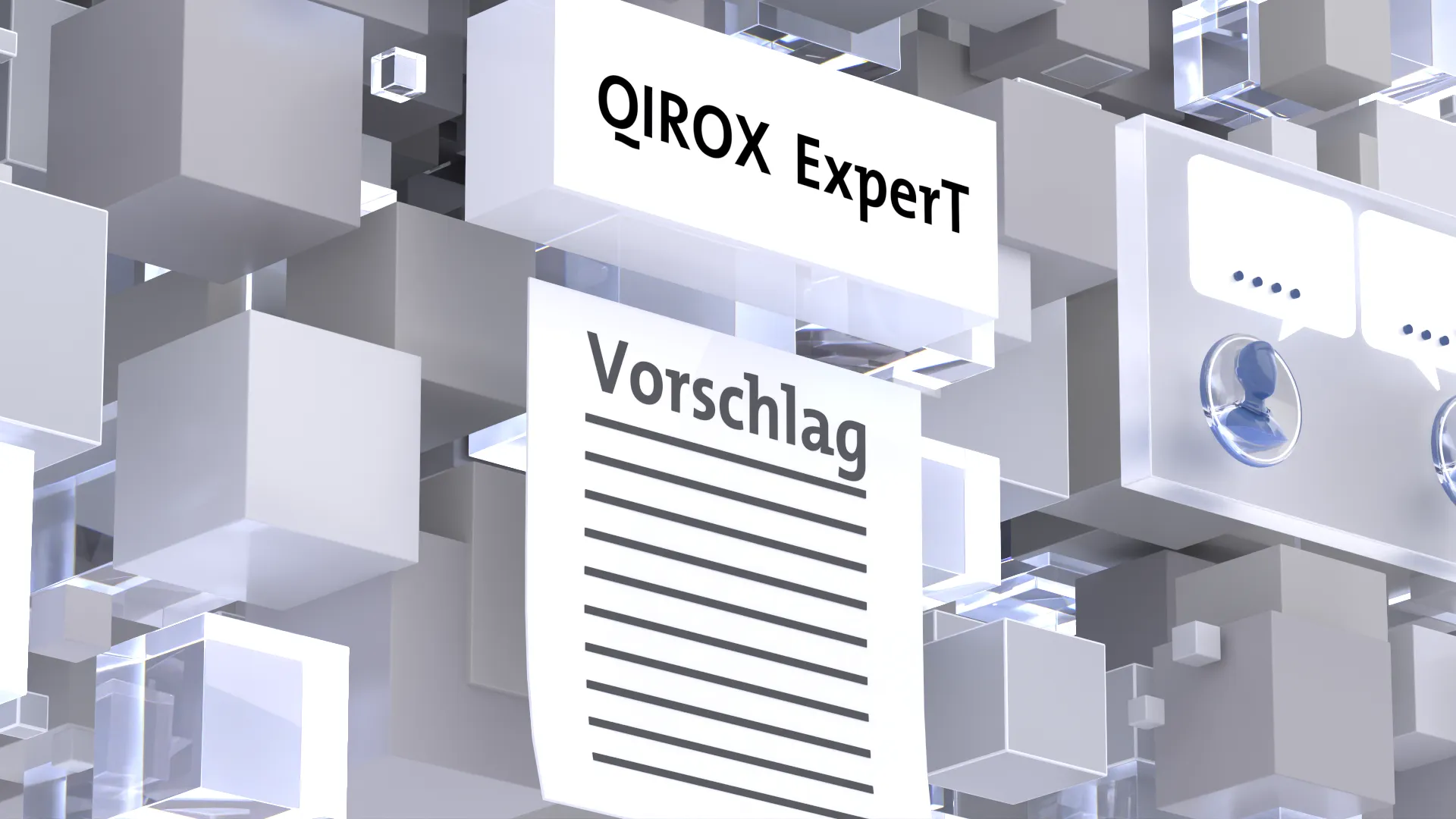 Futuristische 3D Animation mit schwebenden Elementen und Text “QIROX ExperT” – Szene aus einem Produktvideo oder Werbefilm, die digitale Vernetzung, Innovation und moderne Kommunikationslösungen visuell vermittelt.