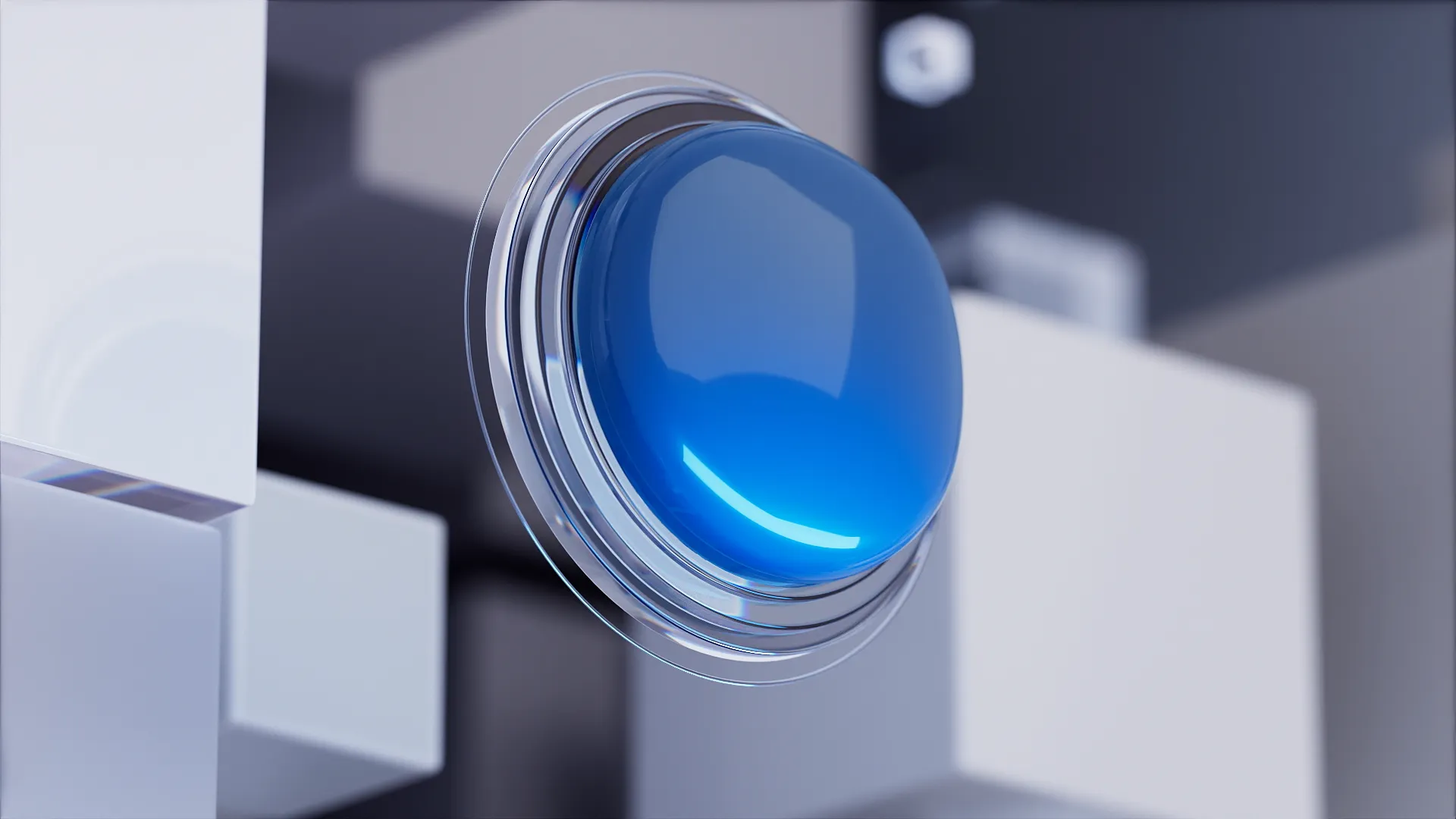 Detailreiche 3D Animation eines blauen Buttons – moderne visuelle Szene aus einem Produktvideo oder Werbefilm, die Design, Technologie und digitale Interaktion in hochwertiger CGI-Ästhetik zeigt.