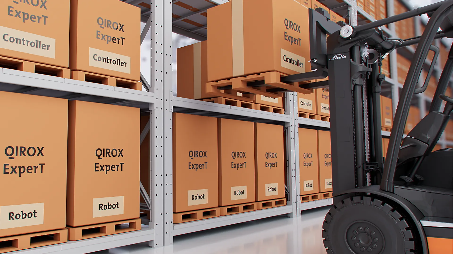 3D Animation einer Lagerhalle mit Gabelstapler und QIROX ExperT Verpackungen – Szene aus einem Produktvideo oder Werbefilm, die Logistik, Robotik und industrielle Automatisierung modern und realistisch visualisiert.