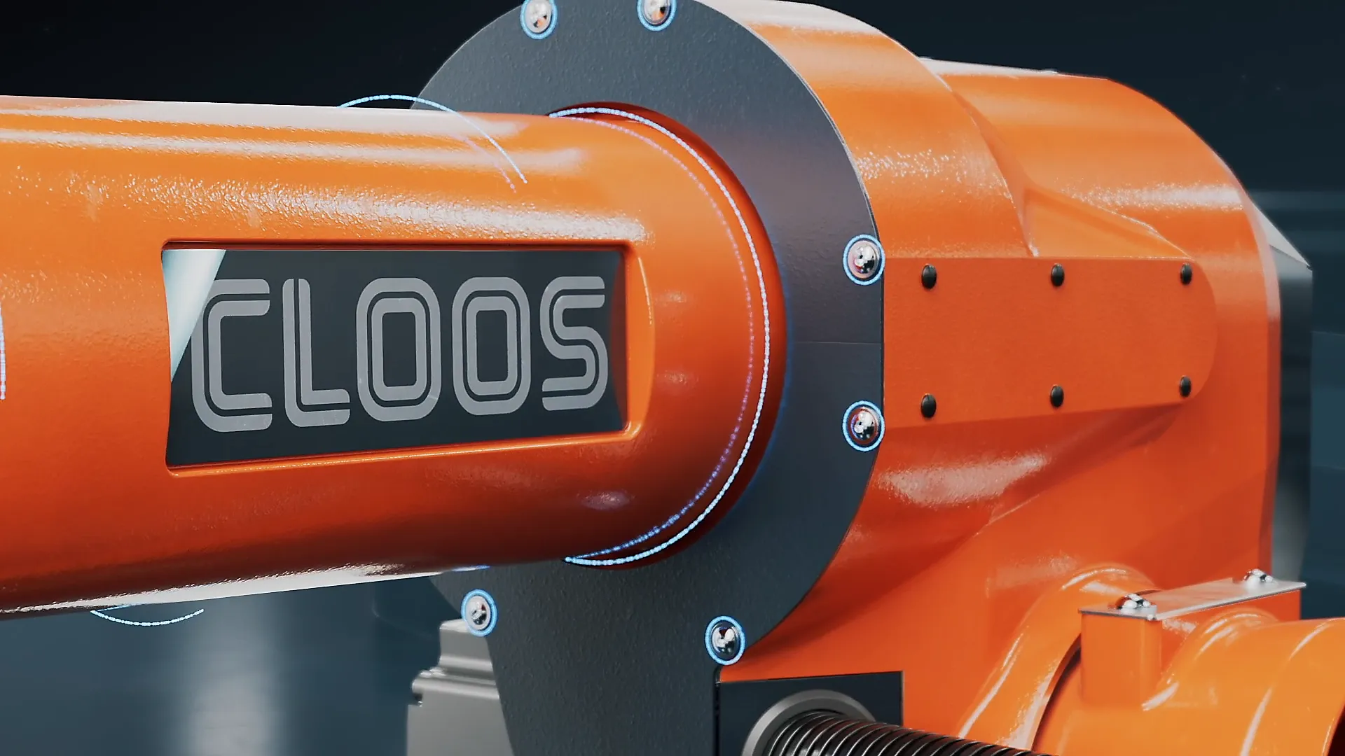 Nahaufnahme eines orangefarbenen CLOOS Schweißroboters, 3D-Rendering mit sichtbaren Details der Mechanik.